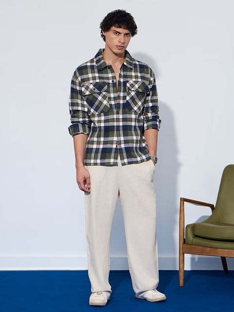 Plaid Olive Men Textured Shirts