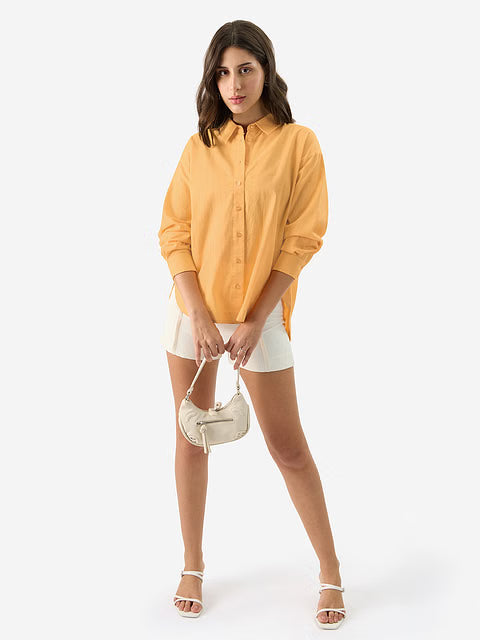 Cotton Linen Sunny Orange Women Boyfriend Shirts