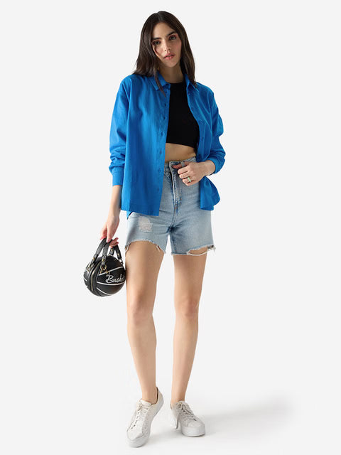 Cotton Linen Azure Blue Women Boyfriend Shirts