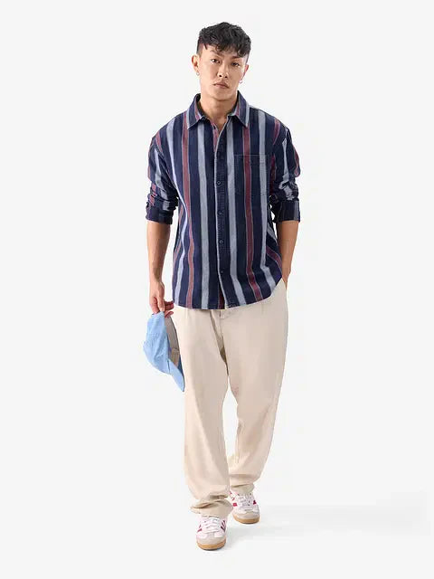 Stripes Blue, Rust Red Men Relaxed Shirts