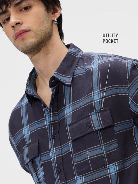 Plaid Blue Men Utility Shirts