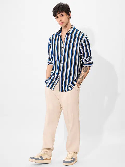 Popcorn Stripes: Blue Horizon Men Textured Shirts