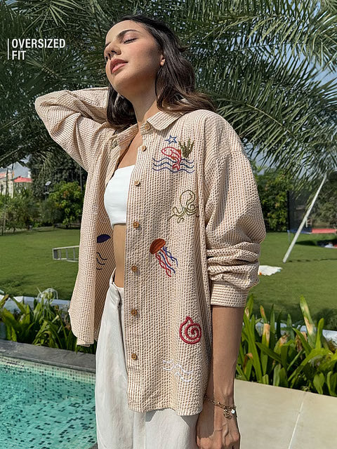 Textured Marine Women Boyfriend Shirts