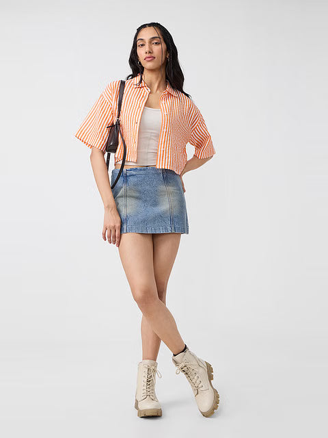 Textured Stripes Tangerine Women Cropped Shirts