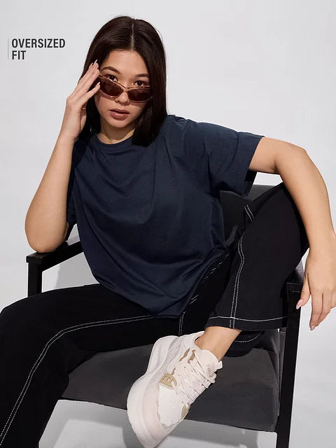 Solids Navy Women Oversized T-Shirts
