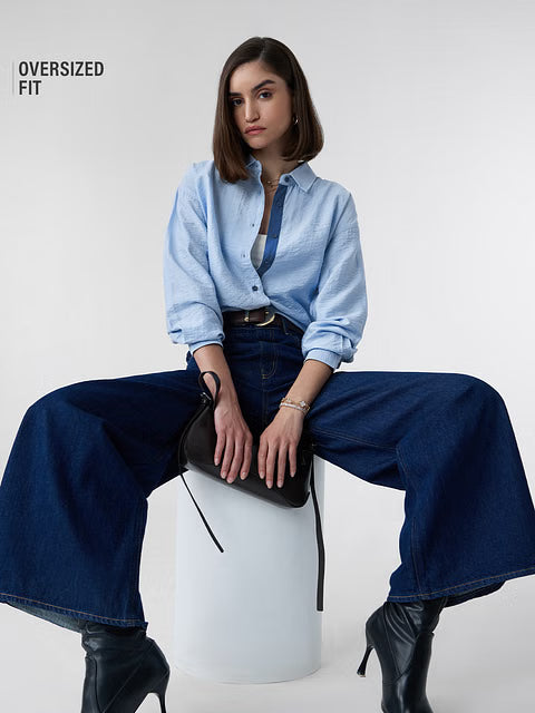 Textured Sky Blue Women Boyfriend Shirts