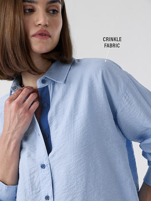 Textured Sky Blue Women Boyfriend Shirts