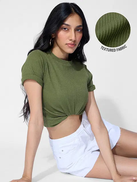 Ribbed Olive Women T-Shirts