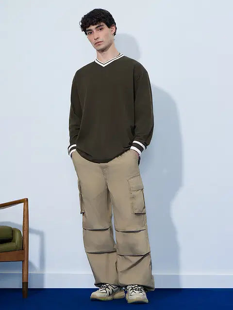 Textured Varsity Olive Oversized Full Sleeve T-Shirts