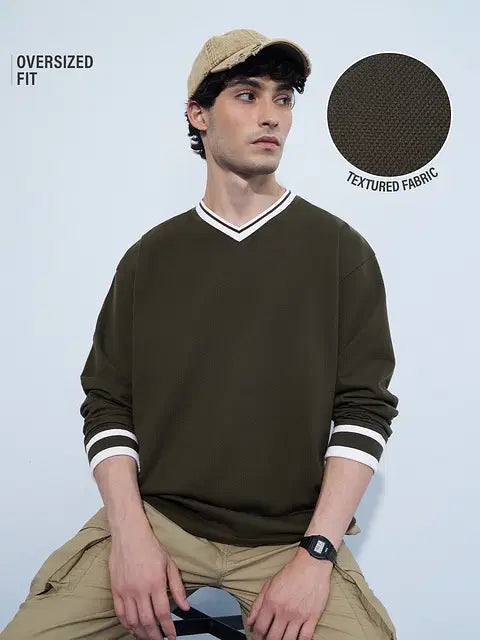 Textured Varsity Olive Oversized Full Sleeve T-Shirts