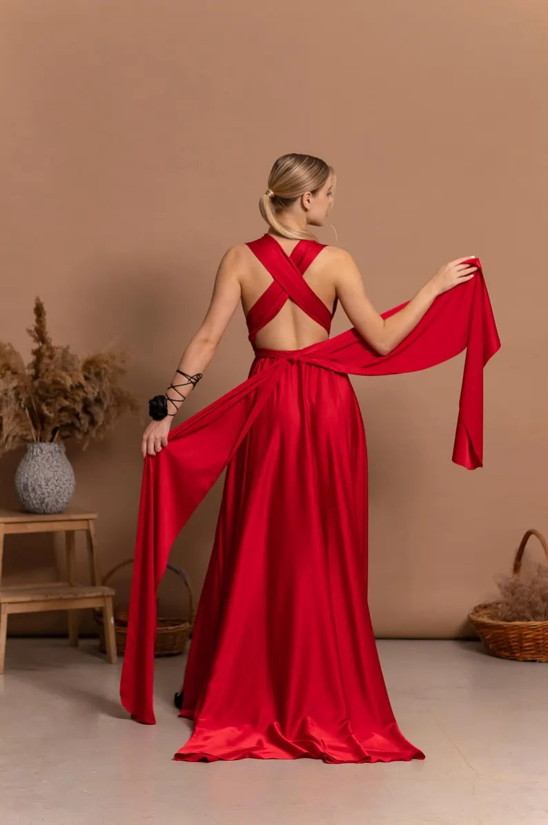 Flowy Red Dance Dress Low Back Evening Gown Sleeveless Satin Flowy Dress