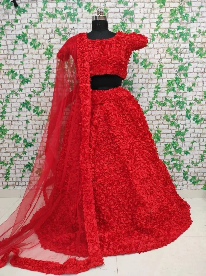 Premium Net With Heavy Riboon Flower Work Lehenga Blouse With Dupatta15-HR