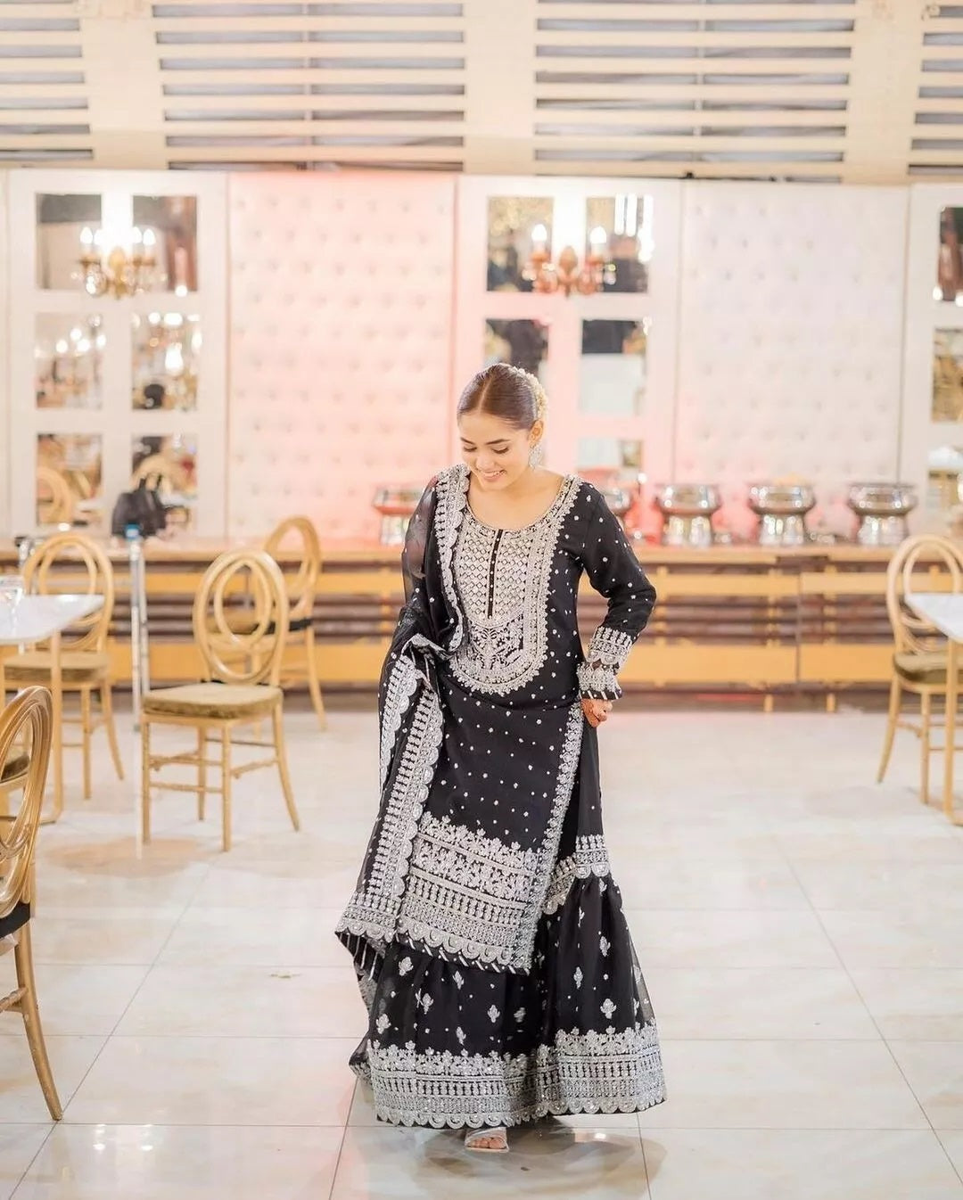 Bollywood Style Faux Georgette Top Sharara With Dupatta