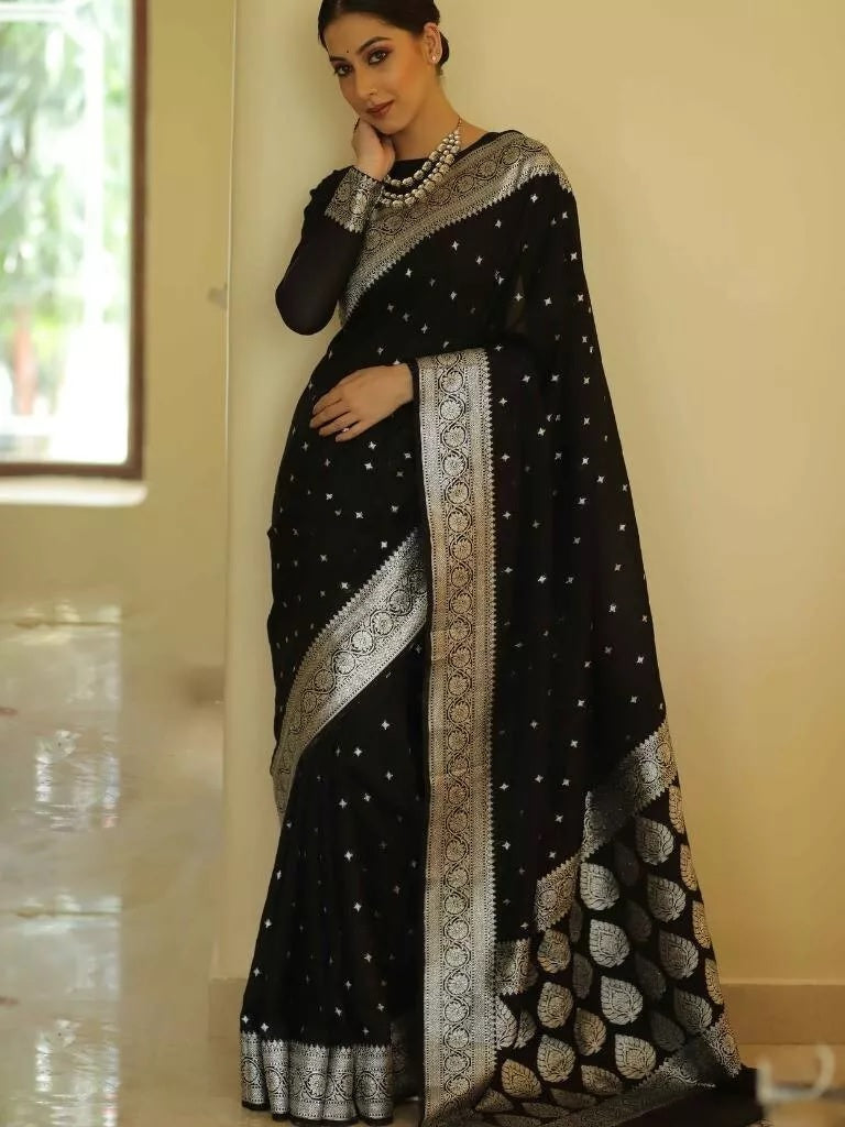 Black Designer Banarasi Soft Silk Saree & Blouse