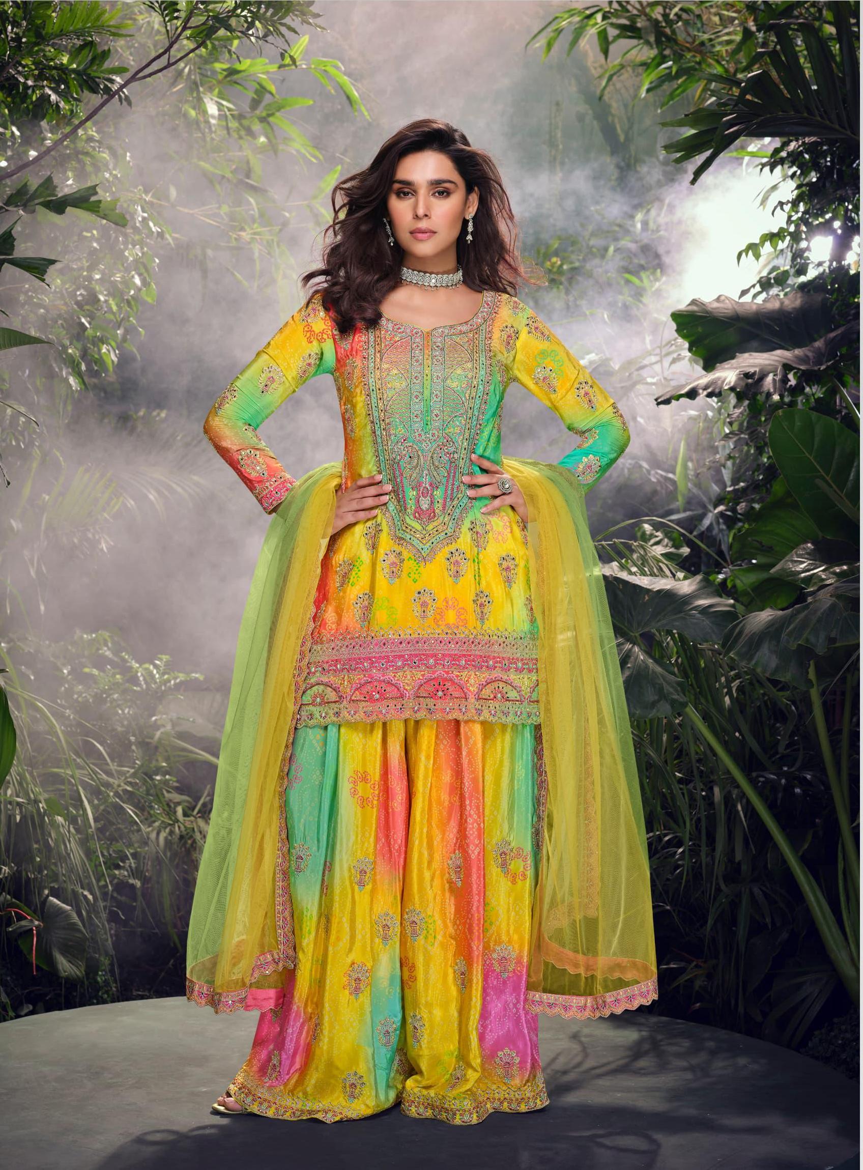 Heavy Chinon With Multi Digital Print Wedding Wear Top Bottom With Dupatta