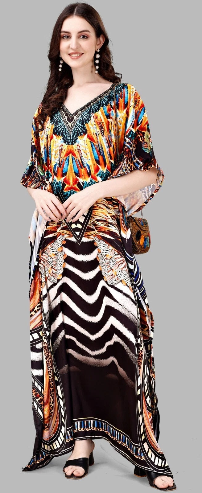 Free Size Beach Kaftan Dresses for Women Print V-Neck Long Swimsuit Cover Ups