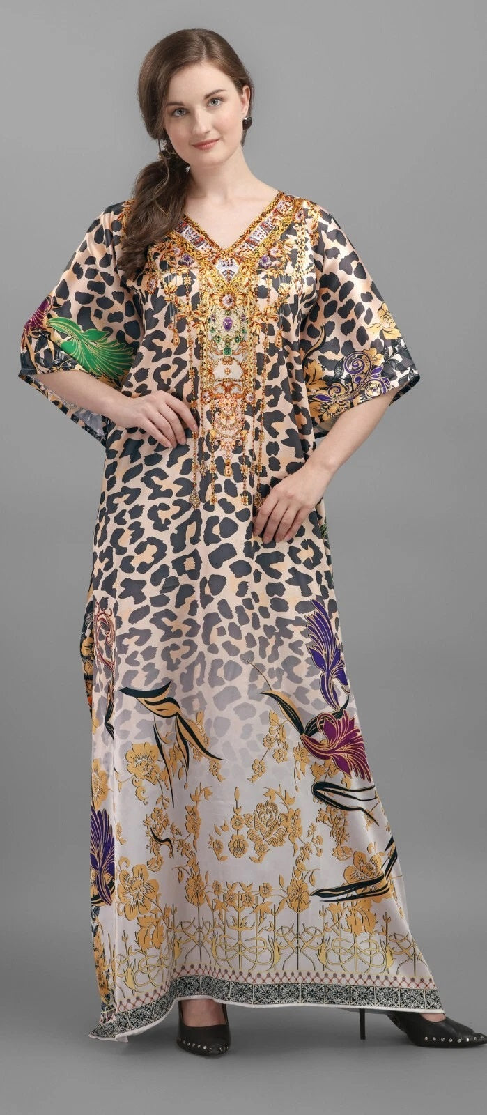 Women's Free Size Animal Print V-Neck Batwing Kaftan Beach Dress