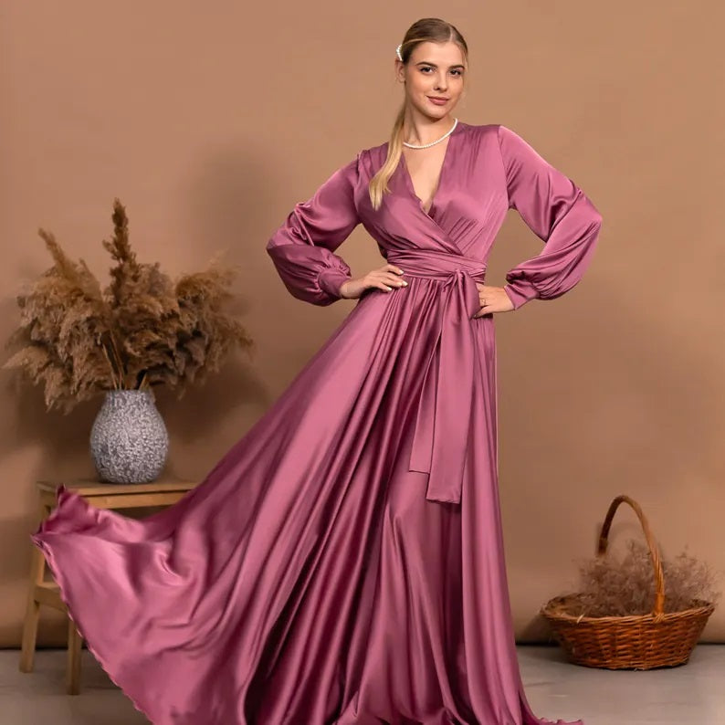 Bridesmaid Dress Long Dress V-Neck Maxi Flared Dress For Wedding Guest Long Sleeve Evening Gown Satin Cocktail Dress Elegant