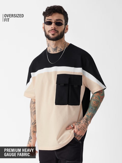 Solids Peach & Black Utility Oversized T-Shirts