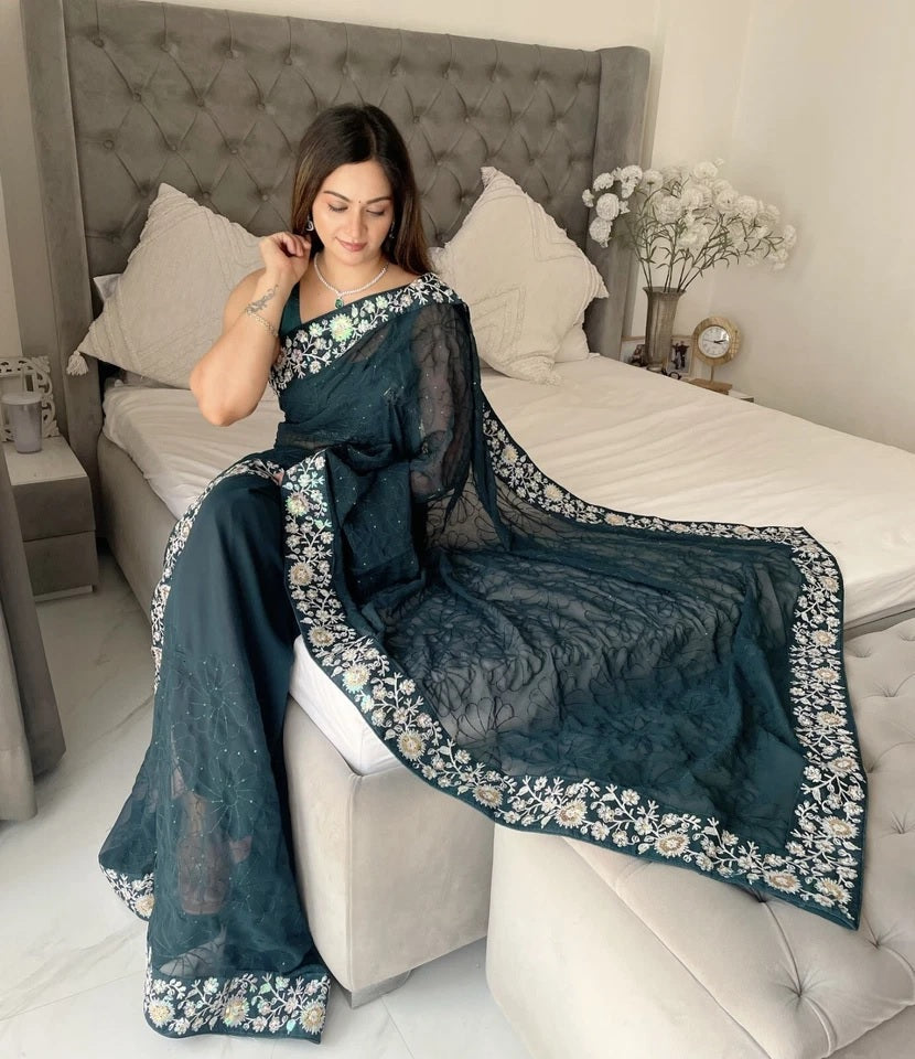 Women's Beautiful Georgette Festival Wedding Wear Saree & Blouse 11-JR