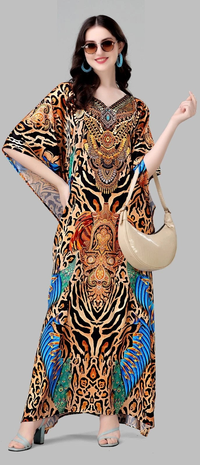 Women's Free Size Kaftan Dress Lightweight V-Neck Batwing Sleeve Beach Cover Up