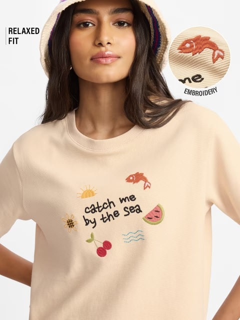 By The Sea Textured Women Relaxed Fit T-Shirts