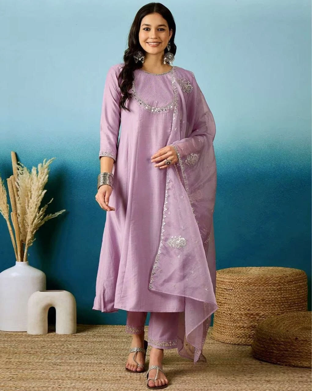 Beautiful Trending Silk Blend With Embroidy Work Kurti/Bottom With Dupatta Set 12-BS