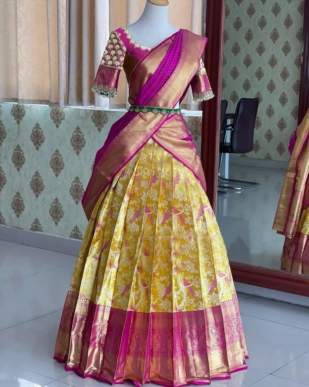 South Indian Style Party Lehenga Blouse Dupatta