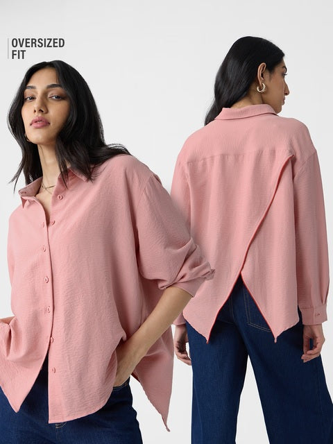 Textured Shirt Rose Pink Women Boyfriend Shirts