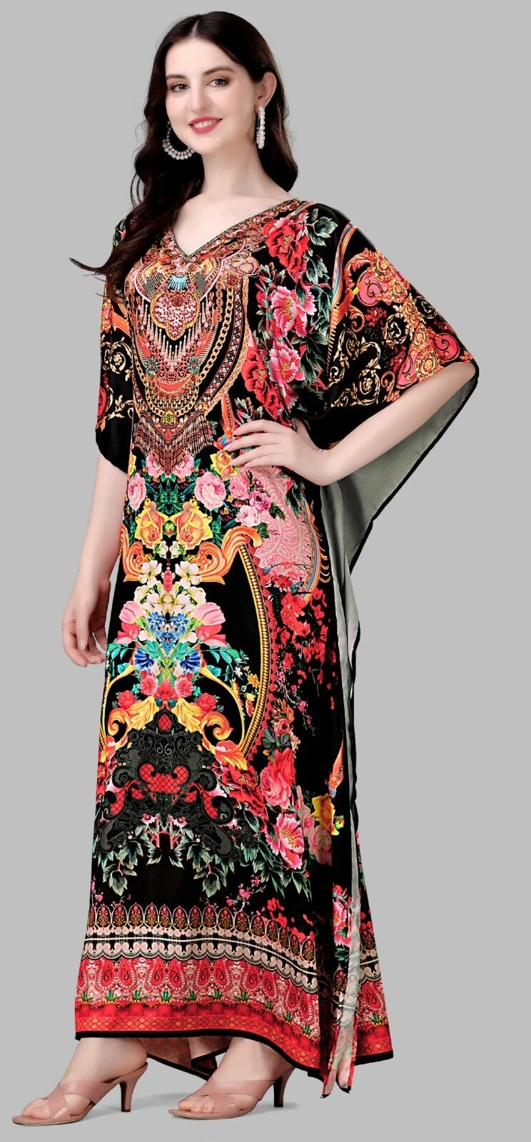 Women Soft Satin Silk Printed Kaftan,Beach Party Wear Kaftan Dress For Women
