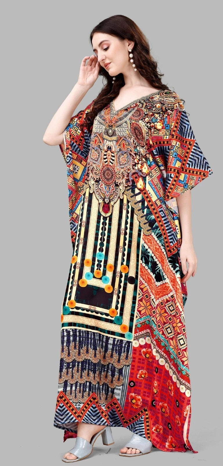 Women's Colorful Printed Kaftan Dress Kimono Maxi Dress Free Size Gown