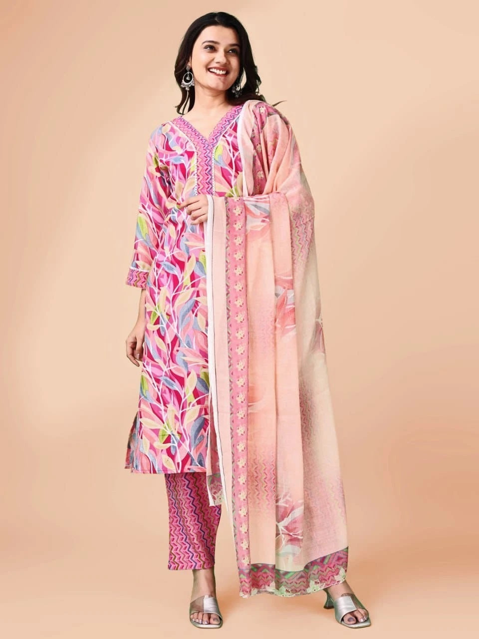 Heavy Cotton Blend Digital Print Kurti-Pant with Dupatta Women's 12-VZ