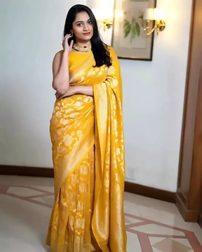 Yellow Traditional Banarasi Soft Silk Saree With Blouse