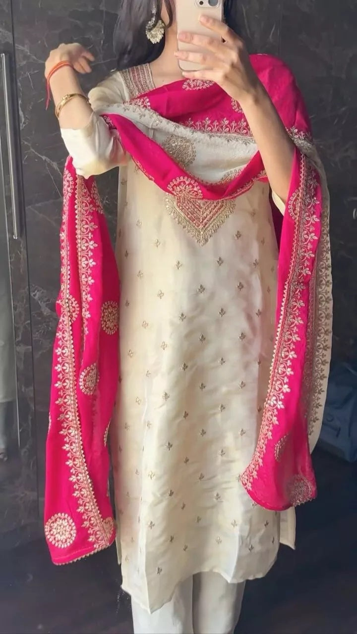 Heavy Pure Chinon Beautiful Traditional Full Stitched Kurti Bottom Dupatta