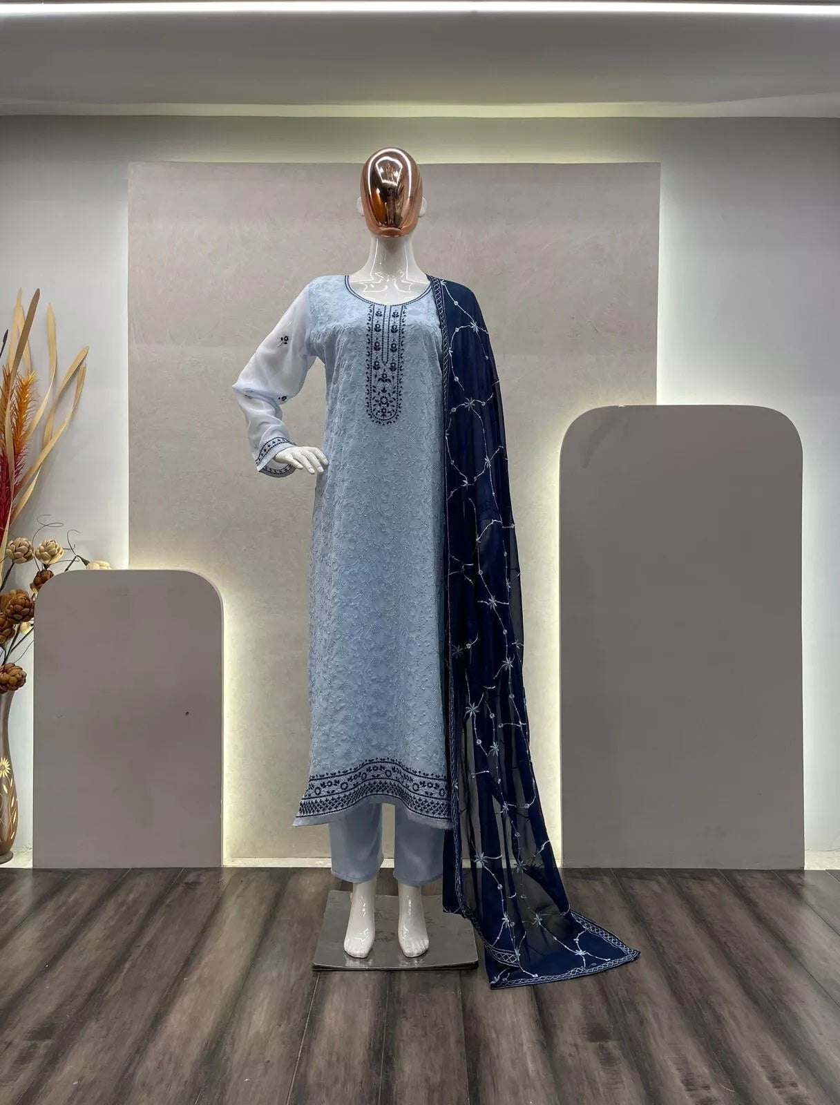 New Festival Stitched Faux Georgette With Embroidery Work Top Pant & Dupatta