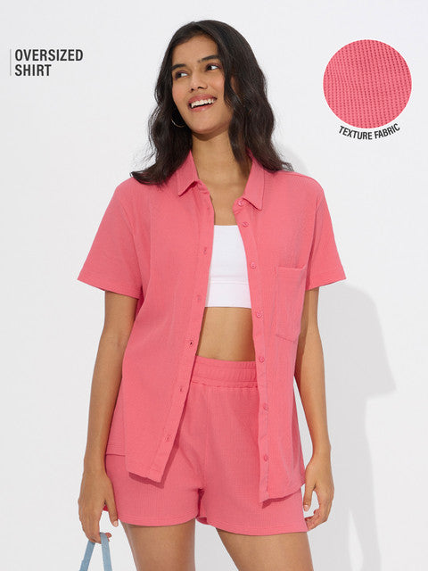 Textured Shirt Coral (Solids) Women Boyfriend Shirts