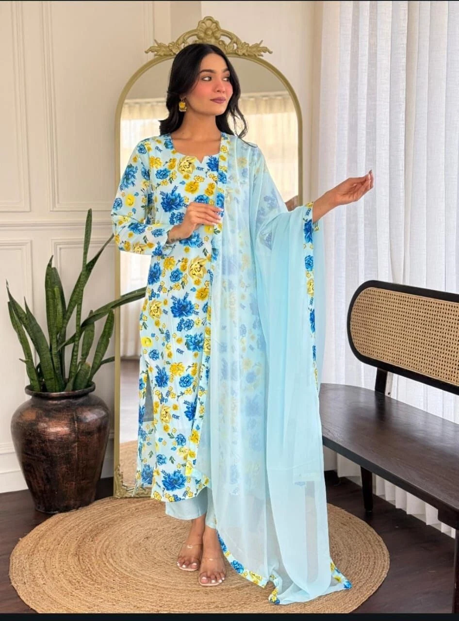 Beautiful Women's Georgette & Print Work Top Bottom & Dupatta Set 12-BS