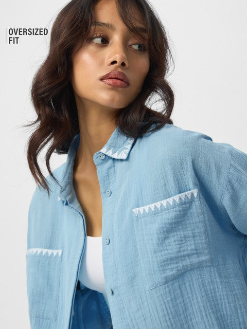 Textured Shirt Aqua Women Boyfriend Shirts