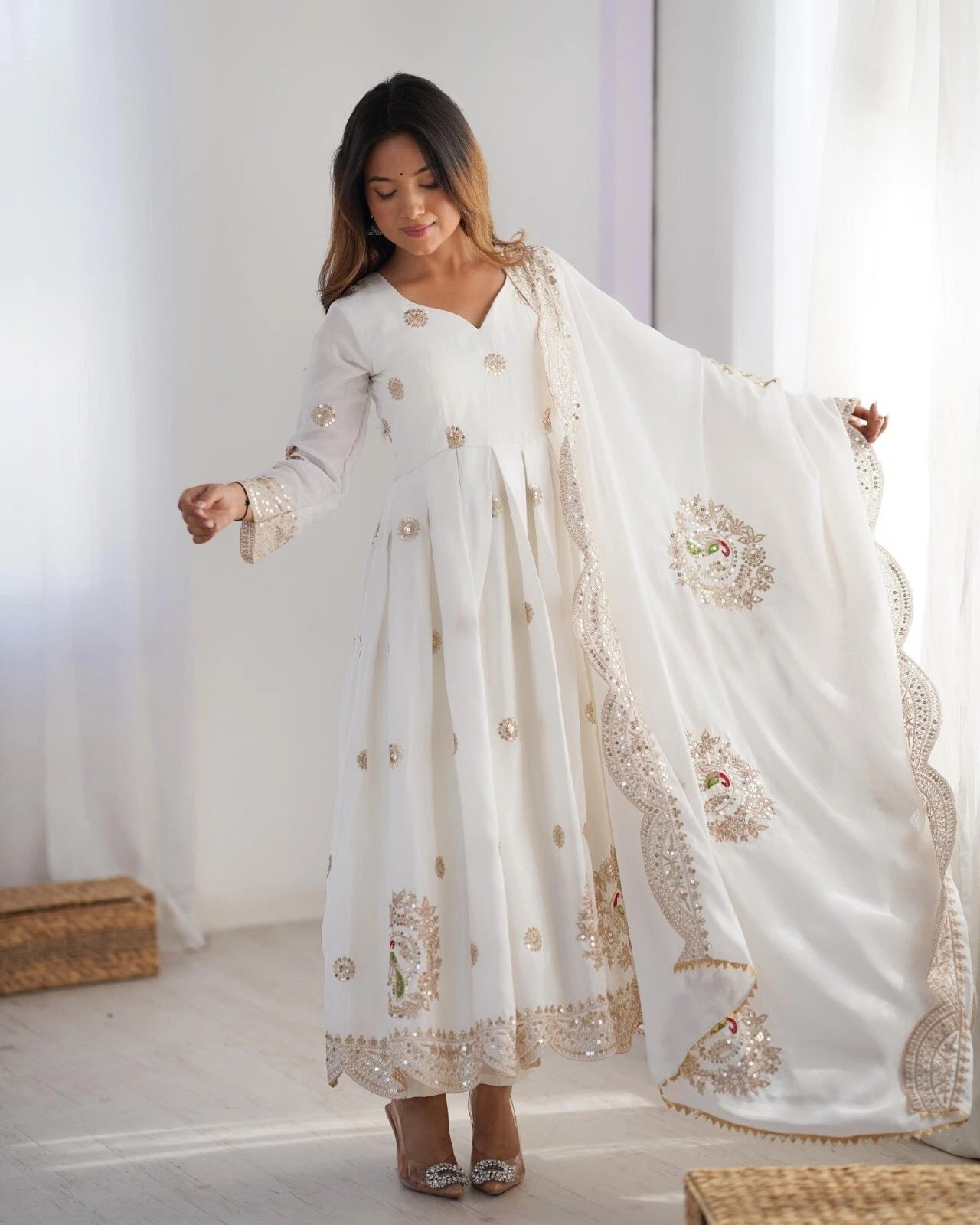 Chinon With Embroidery Sequence Work Anarkali Gown With Dupatta