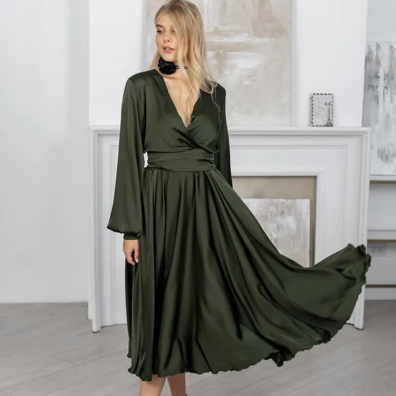 Olive Green Bridesmaid Dress V-Neck Satin Dress Tea Length Evening Maxi Dress