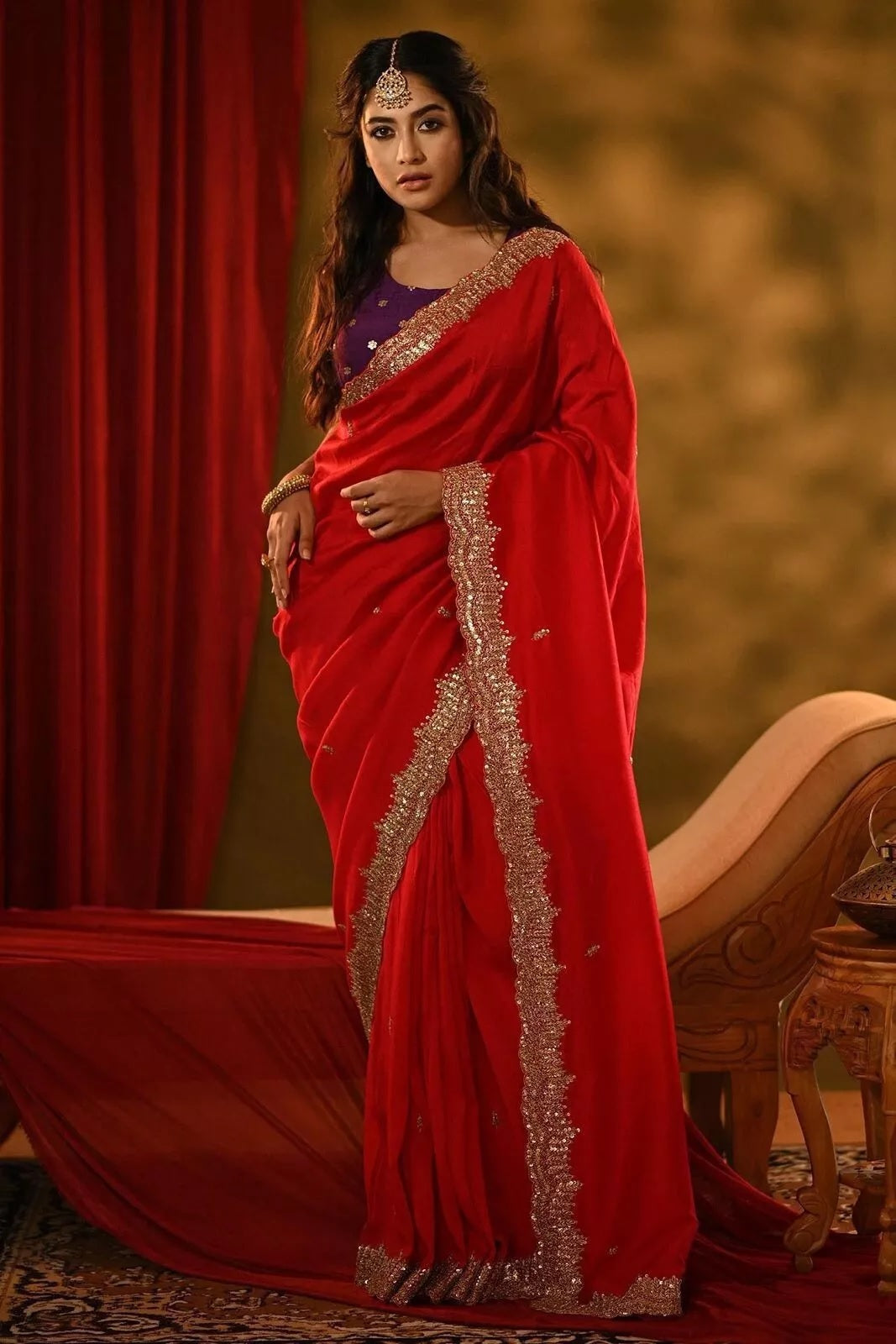 Rich Soft Georgette Fabric With Golden Tunic Sequence Work Saree With Blouse