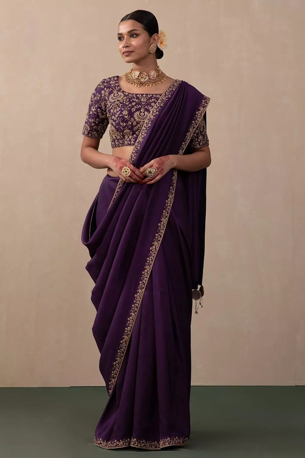 Two Tone Vichitra Silk Multi Thread Embroidery Work Saree With Blouse