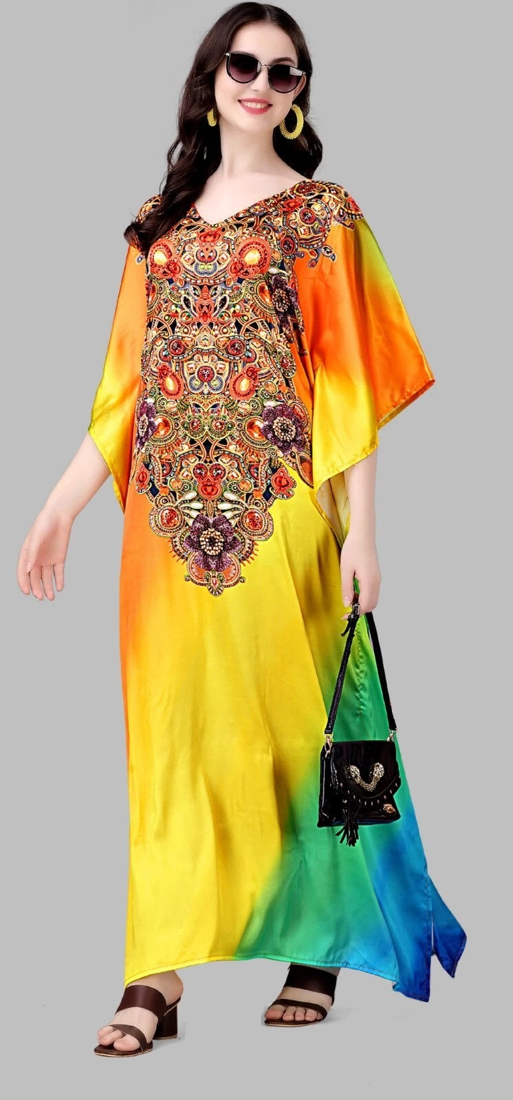 Rainbow Print Long Kaftan Dress For Women Soft Loungewear
