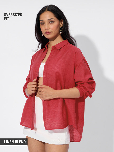 Cotton Linen Red Women Boyfriend Shirts