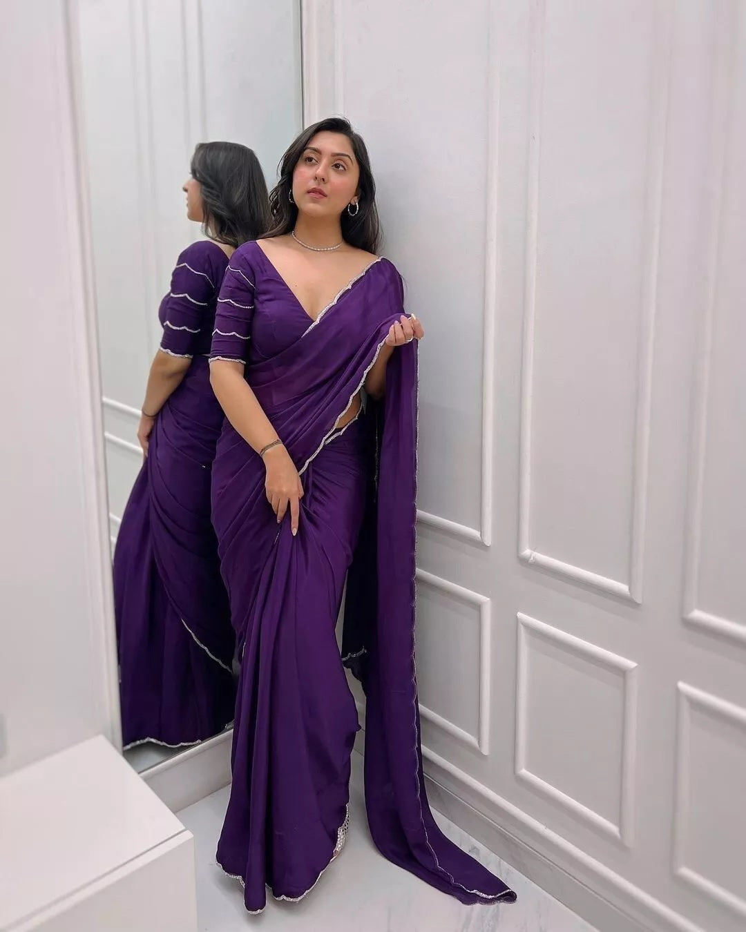 Soft Rich Elegant Chinon With Stone Bead Work Saree & Blouse