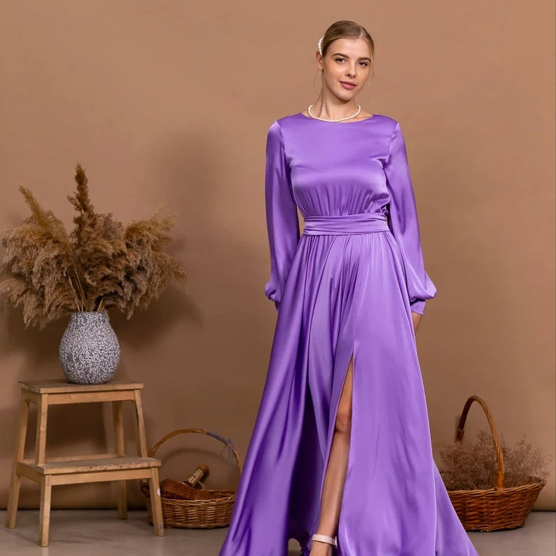 Purple Wedding Guest Dress Open Back Dress Long Slit Dress