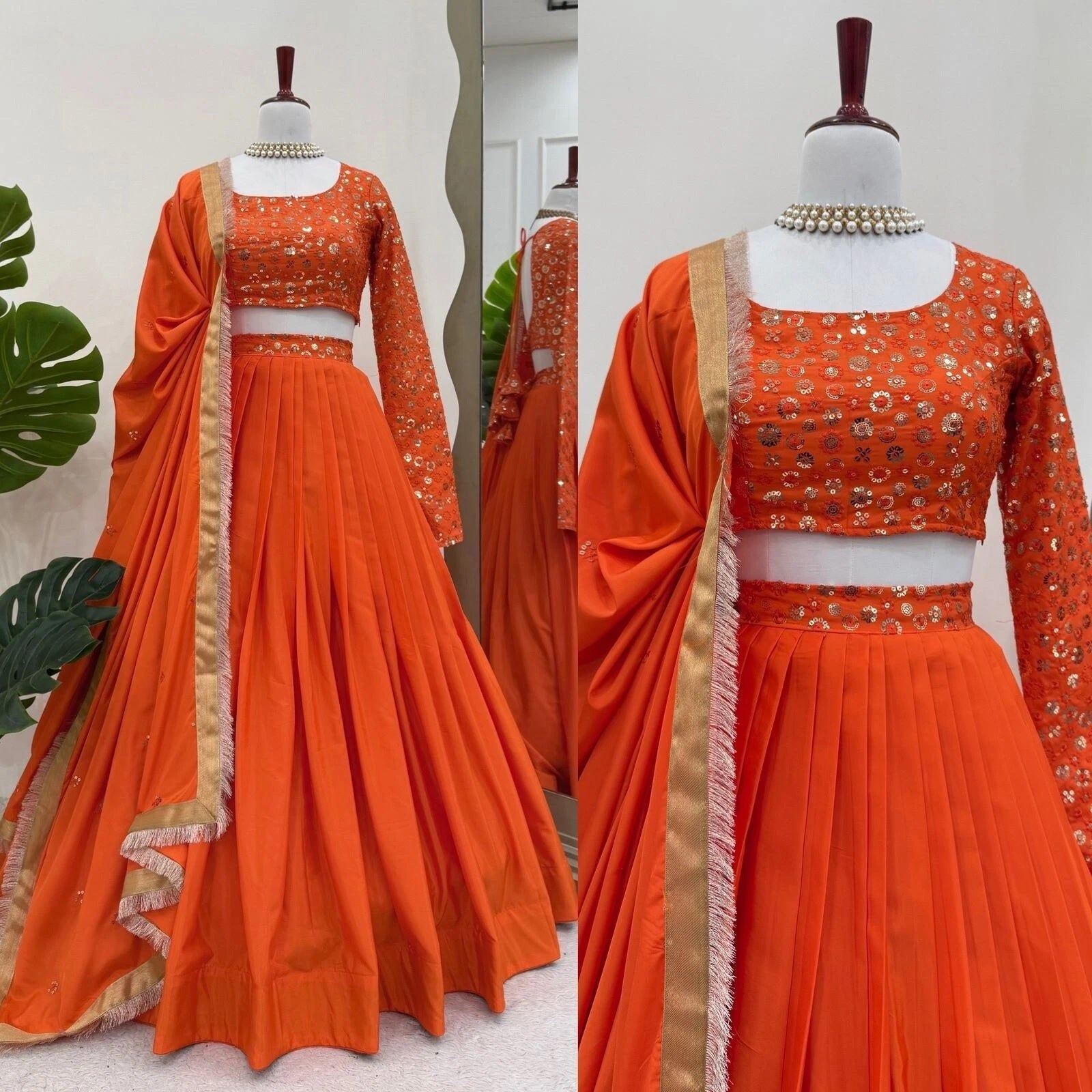 Orange Bollywood Wedding American Silk Lehenga Blouse & Dupatta 15-RTC