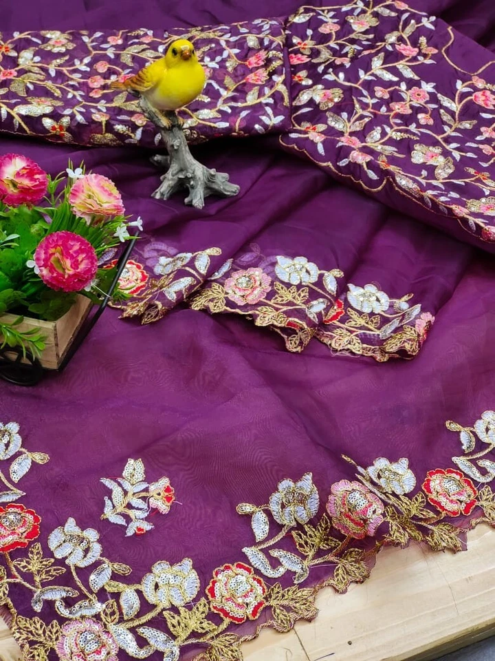 Organza Silk,Sequince & Zari Thread Designer Party Wear Saree & Blouse 11-RV