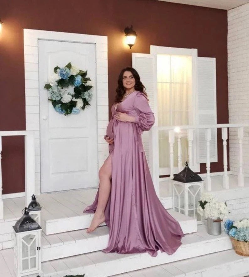 Elegant Long Maternity Dress for Wedding Guest and Photoshoot Baby Shower Dress