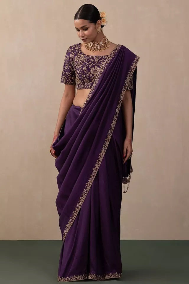 Two Tone Vichitra Silk Multi Thread Embroidery Work Saree With Blouse
